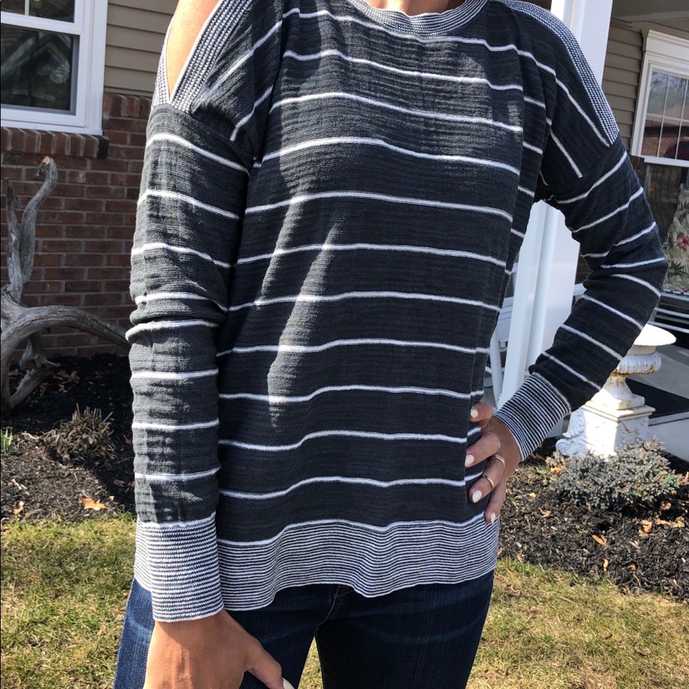 Loft grey and white striped cold shoulder sweater